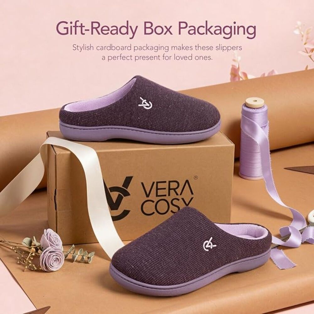 VeraCosy Women's Two-Tone Slippers Purple Waffle Knit Memory Foam House Shoes 7-
